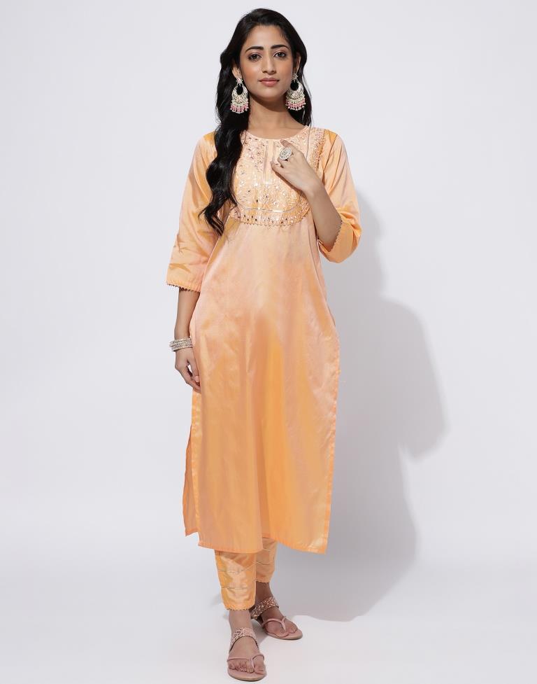 Peach Embroidery Straight Kurti With Pant And Dupatta | Leemboodi