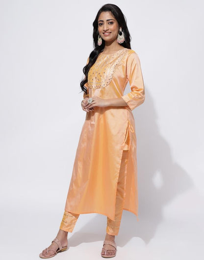 Peach Embroidery Straight Kurti With Pant And Dupatta | Leemboodi