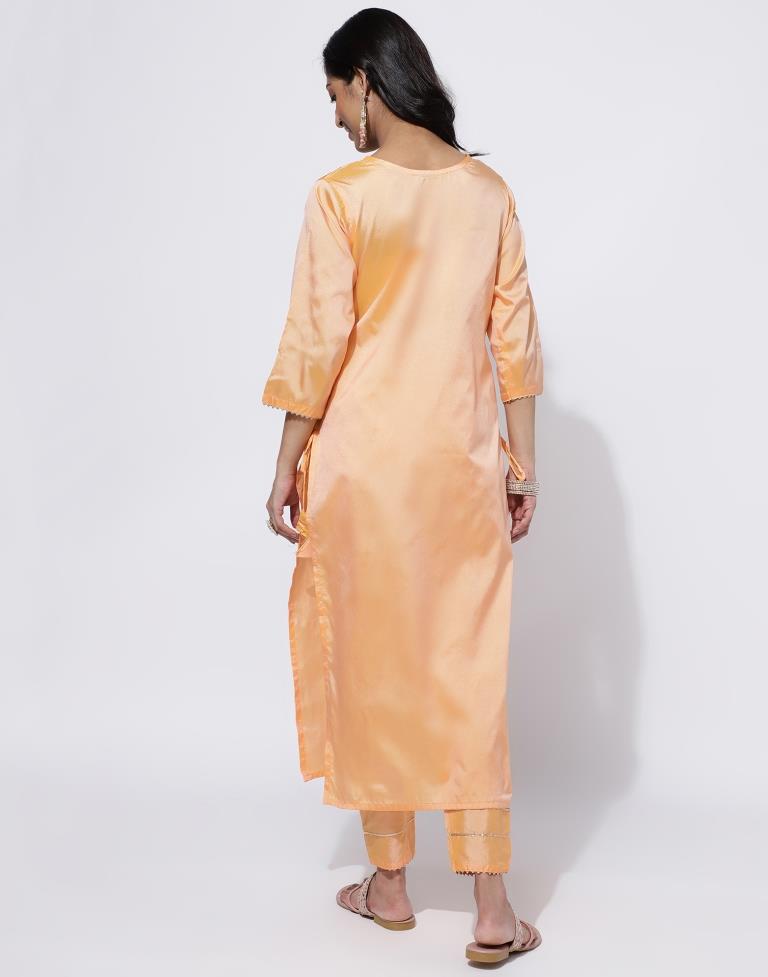 Peach Embroidery Straight Kurti With Pant And Dupatta | Leemboodi