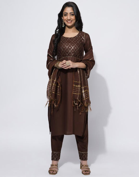 Brown Printed Straight Kurti With Pant And Dupatta | Leemboodi