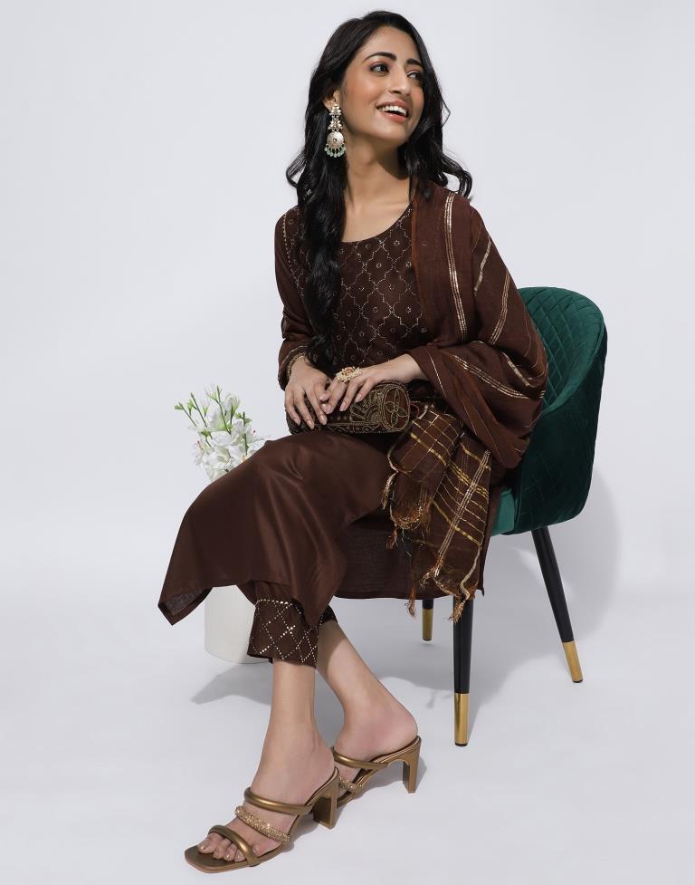 Brown Printed Straight Kurti With Pant And Dupatta | Leemboodi