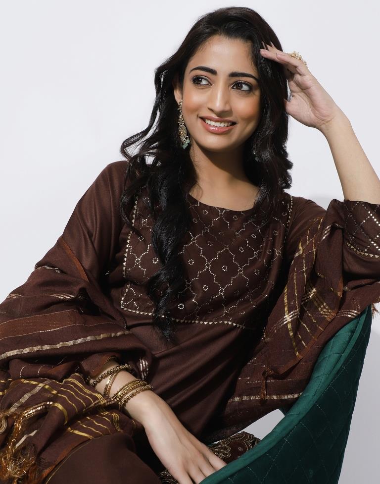 Brown Printed Straight Kurti With Pant And Dupatta | Leemboodi