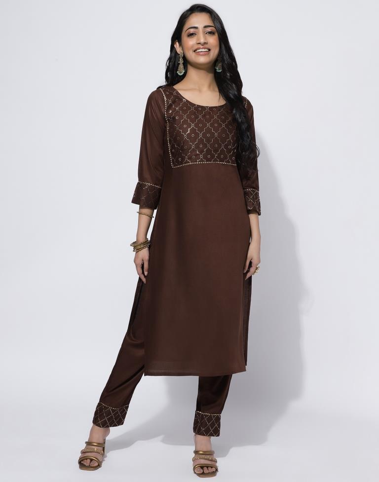 Brown Printed Straight Kurti With Pant And Dupatta | Leemboodi