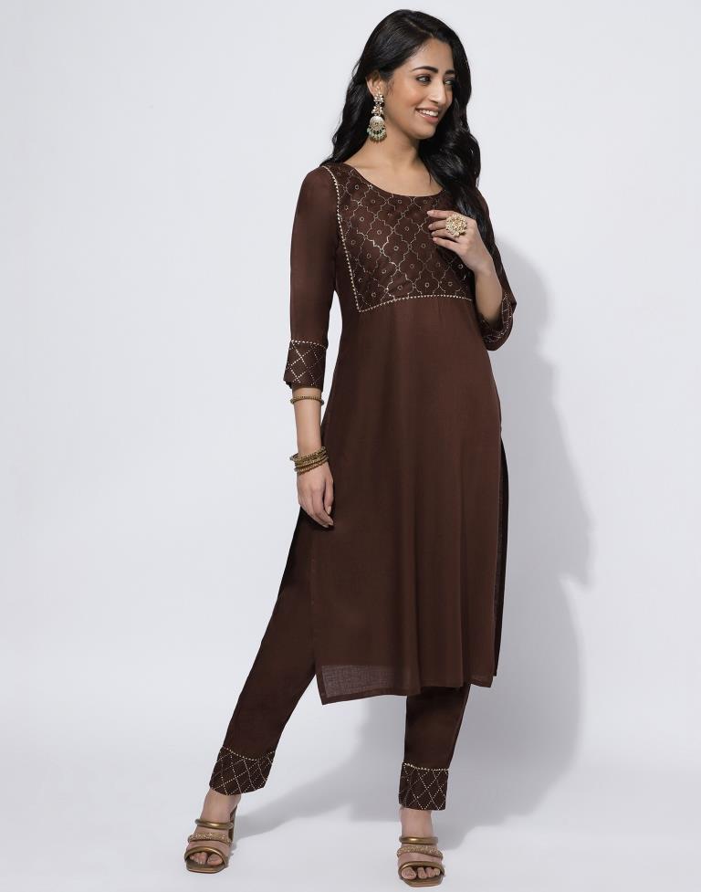 Brown Printed Straight Kurti With Pant And Dupatta | Leemboodi