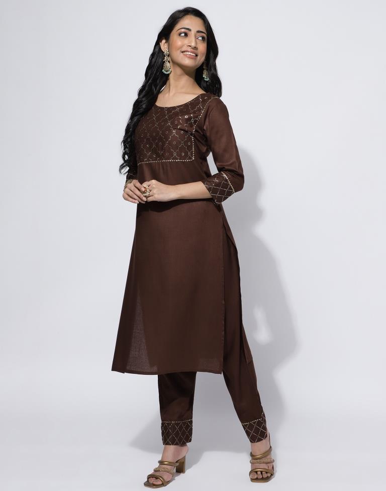 Brown Printed Straight Kurti With Pant And Dupatta | Leemboodi