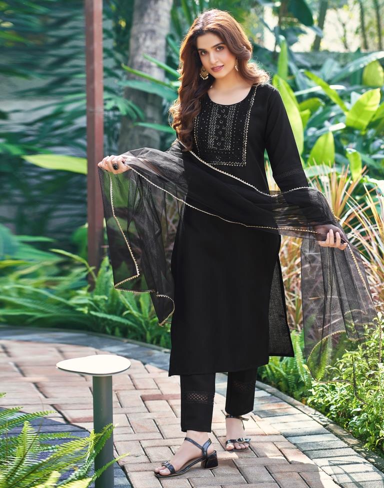 Black Cotton Straight Kurta Set With Dupatta