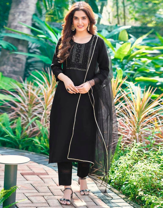 Black Cotton Straight Kurta Set With Dupatta