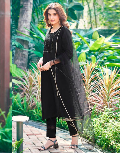 Black Cotton Straight Kurta Set With Dupatta