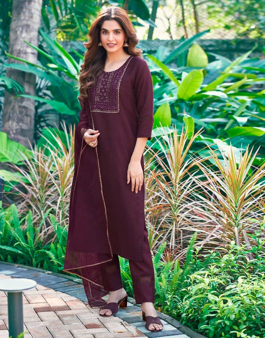 Wine Embroidered Cotton Kurta Set With Dupatta