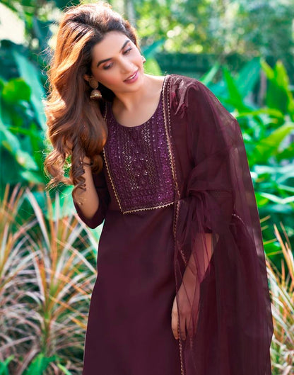 Wine Embroidered Cotton Kurta Set With Dupatta