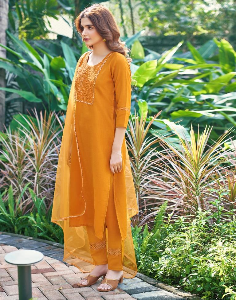 Turmeric Yellow Plain Cotton Straight Kurta Set with Dupatta