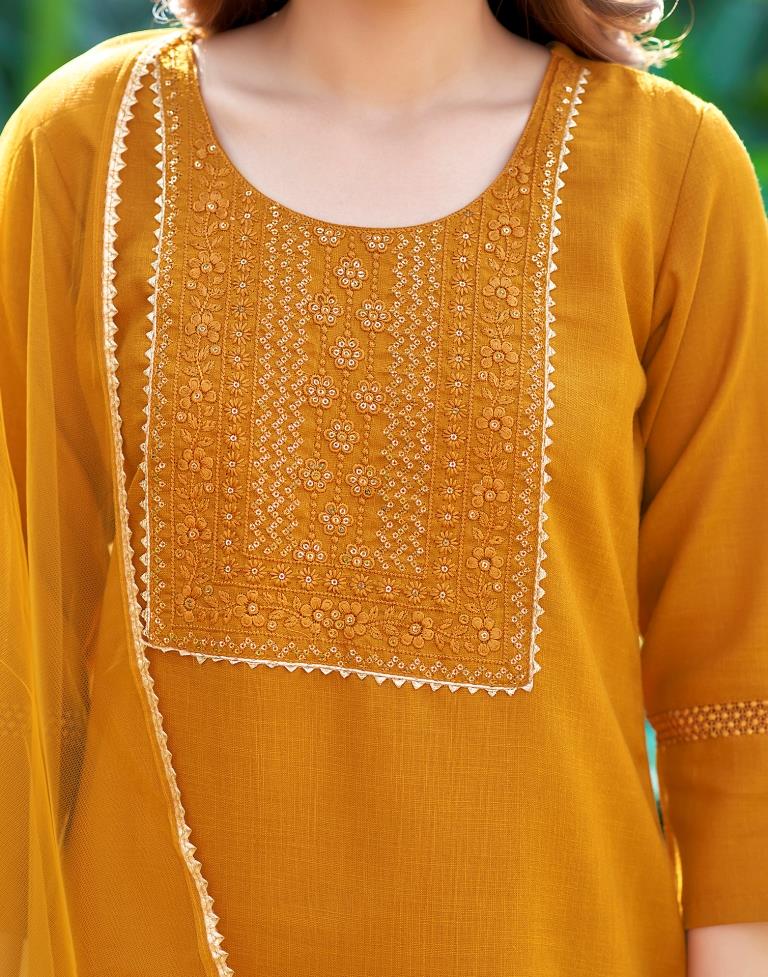 Turmeric Yellow Plain Cotton Straight Kurta Set with Dupatta