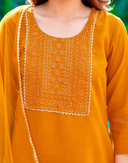 Turmeric Yellow Plain Cotton Straight Kurta Set with Dupatta