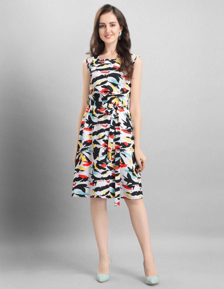 Whimsical White Coloured Digital Printed Crepe Dress | Sudathi