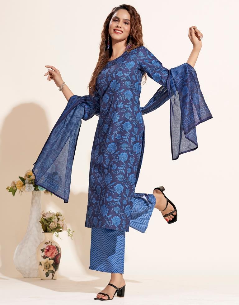 Blue Printed Straight Kurta Kurti With Pant And Dupatta | Leemboodi