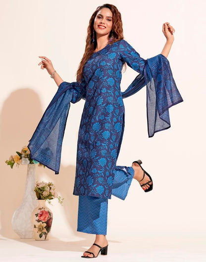 Blue Printed Straight Kurta Kurti With Pant And Dupatta | Leemboodi