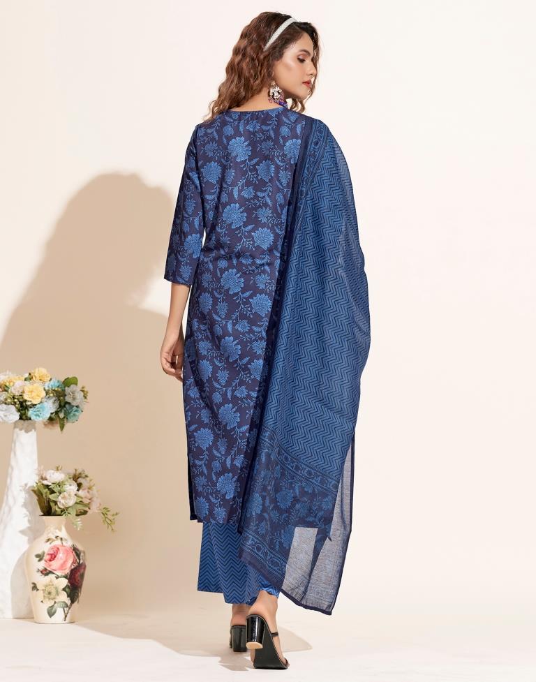 Blue Printed Straight Kurta Kurti With Pant And Dupatta | Leemboodi