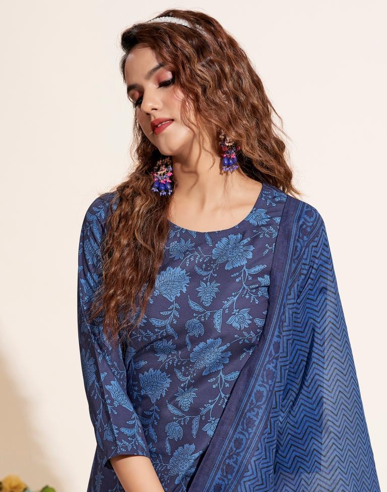 Blue Printed Straight Kurta Kurti With Pant And Dupatta | Leemboodi