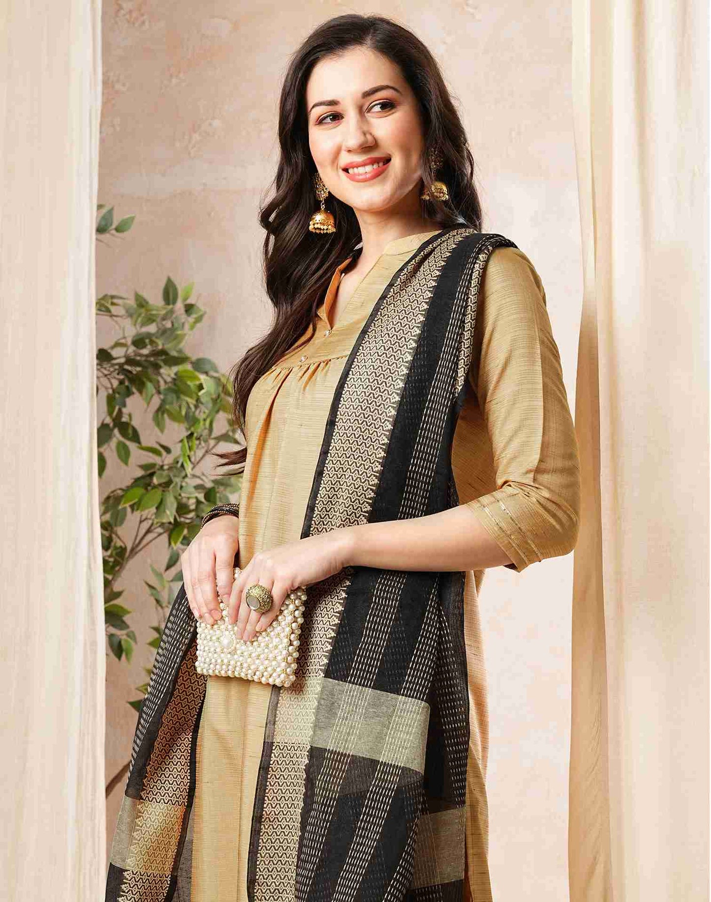 Beige Plain Silk Straight Kurta With Pant And Dupatta