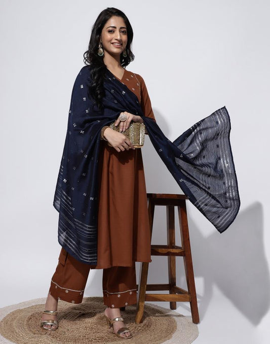 Brown Embroidery Cotton Straight Kurta With Pant And Dupatta