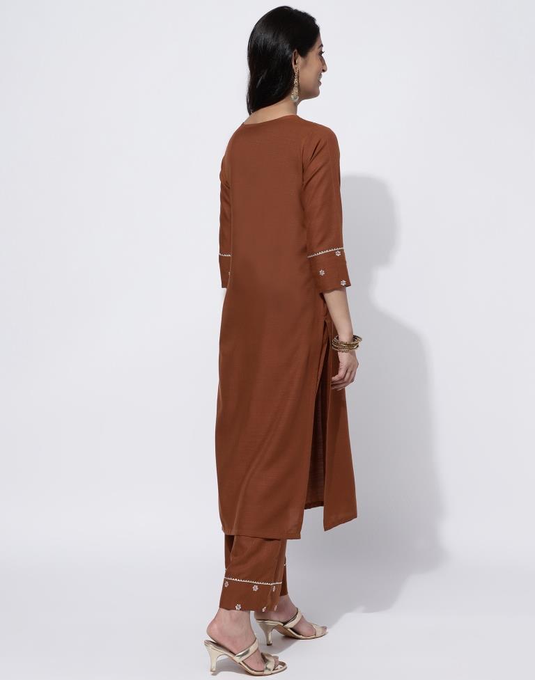 Brown Embroidery Cotton Straight Kurta With Pant And Dupatta