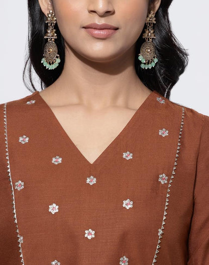 Brown Embroidery Cotton Straight Kurta With Pant And Dupatta