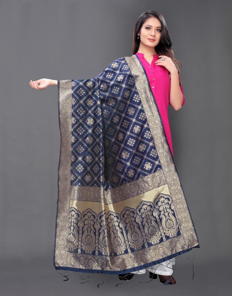 Impressive Navy Blue Coloured Poly Silk Jacquard Dupatta | Sudathi