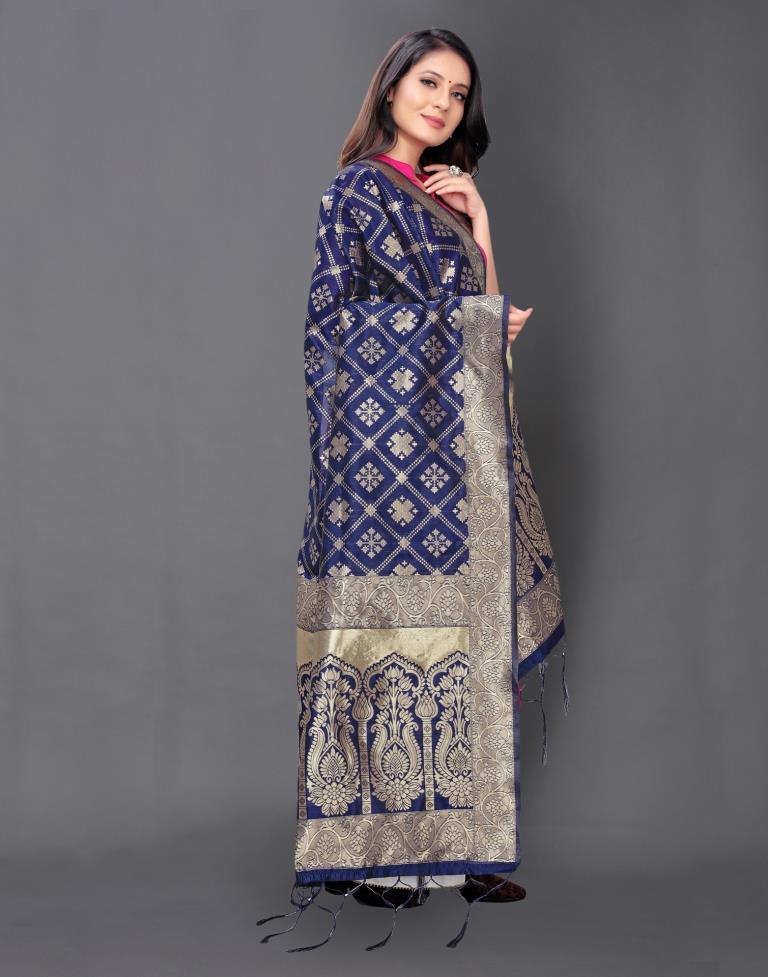 Impressive Navy Blue Coloured Poly Silk Jacquard Dupatta | Sudathi