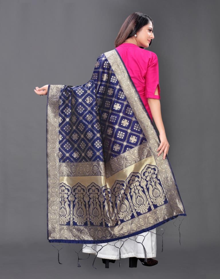 Impressive Navy Blue Coloured Poly Silk Jacquard Dupatta | Sudathi