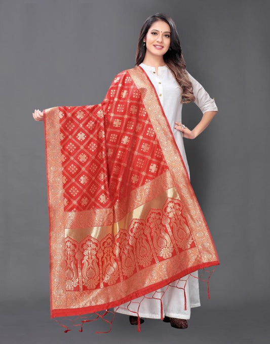Stylish Red Coloured Poly Silk Jacquard Dupatta | Sudathi