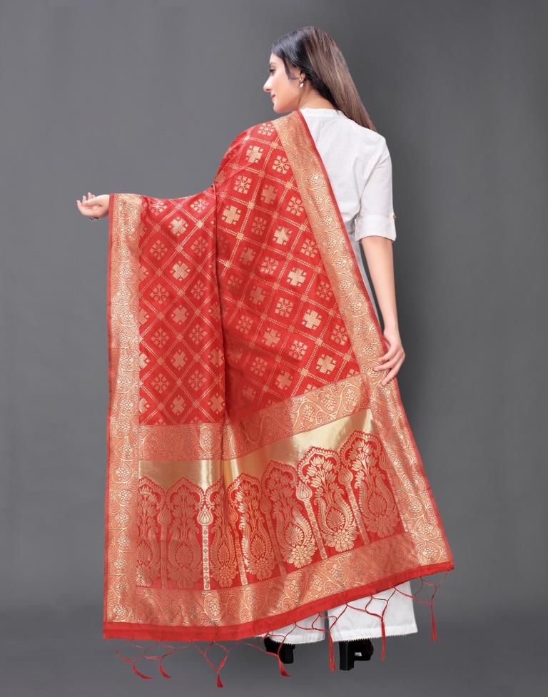 Stylish Red Coloured Poly Silk Jacquard Dupatta | Sudathi