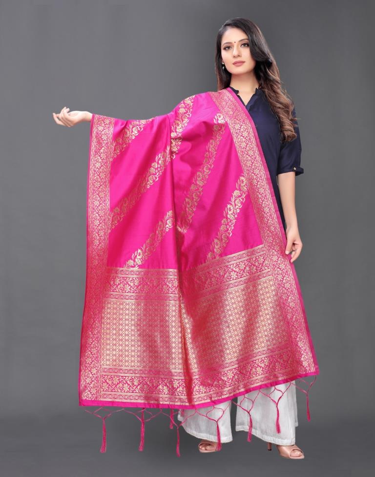 Graceful Pink Coloured Poly Silk Jacquard Dupatta | Sudathi