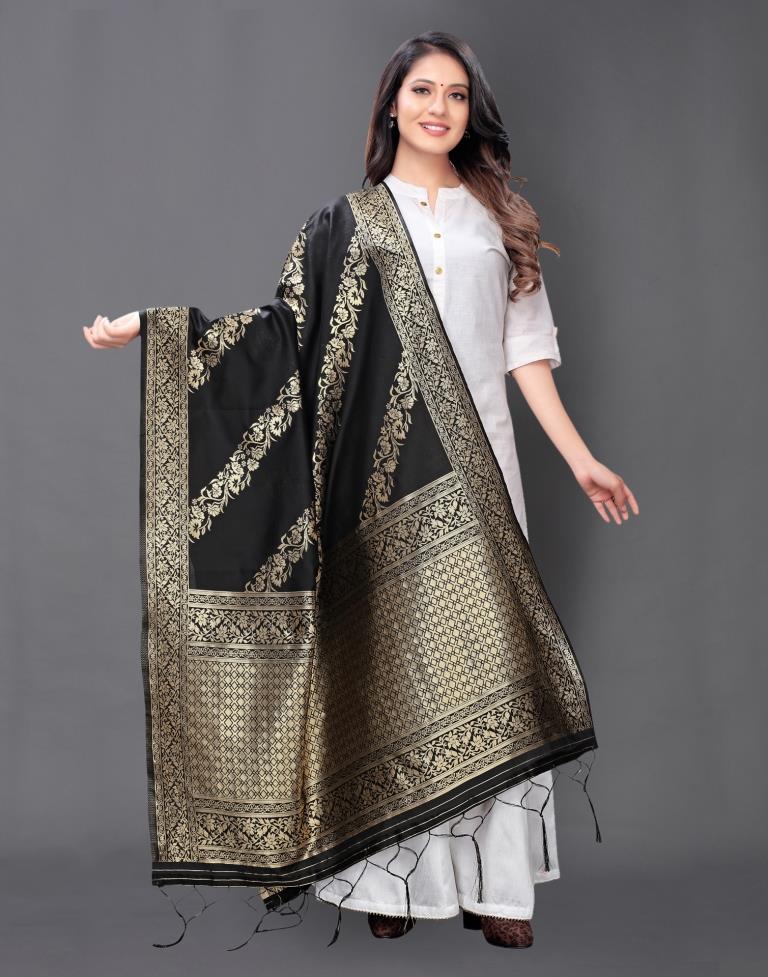 Beautiful Black Coloured Poly Silk Jacquard Dupatta | Sudathi