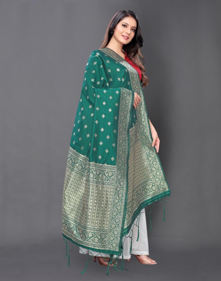 Refreshing Teal Green Coloured Poly Silk Jacquard Dupatta | Sudathi