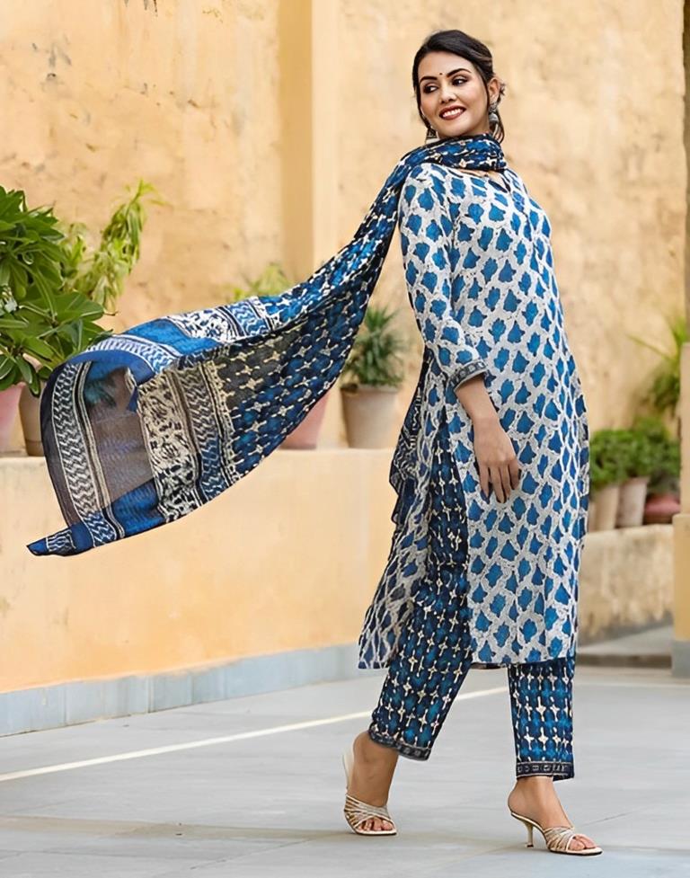 White Rayon Printed Straight Kurta With Pant And Dupatta