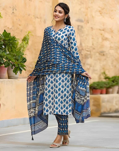 White Rayon Printed Straight Kurta With Pant And Dupatta