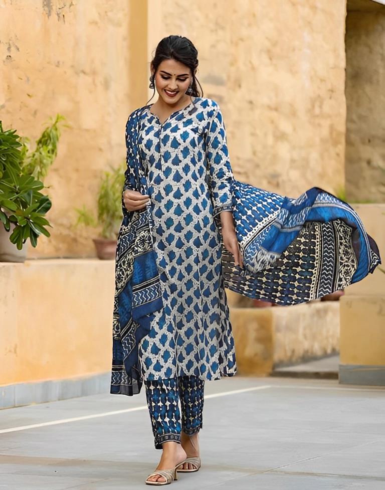 White Rayon Printed Straight Kurta With Pant And Dupatta