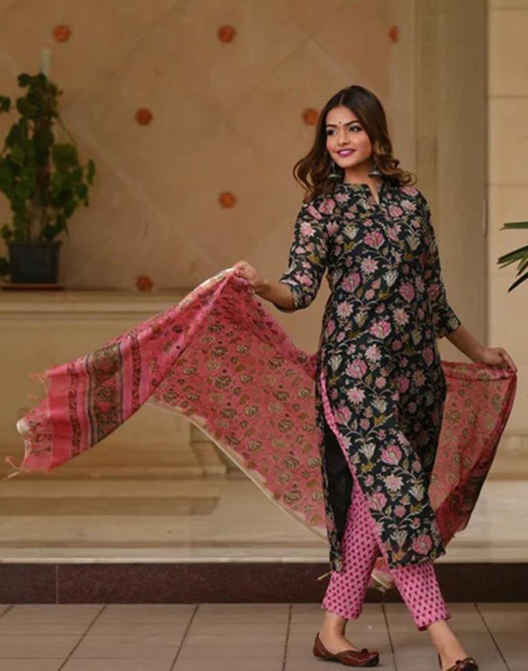 Black Printed Straight Kurta Kurti With Pant And Dupatta | Leemboodi