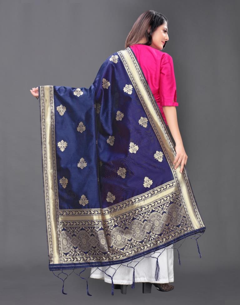 Distinctive Navy Blue Coloured Poly Silk Jacquard Dupatta | Sudathi