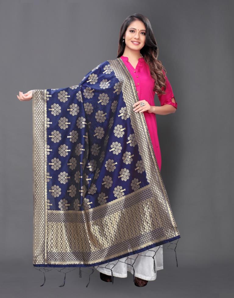 Designer Navy Blue Coloured Poly Silk Jacquard Dupatta | Sudathi