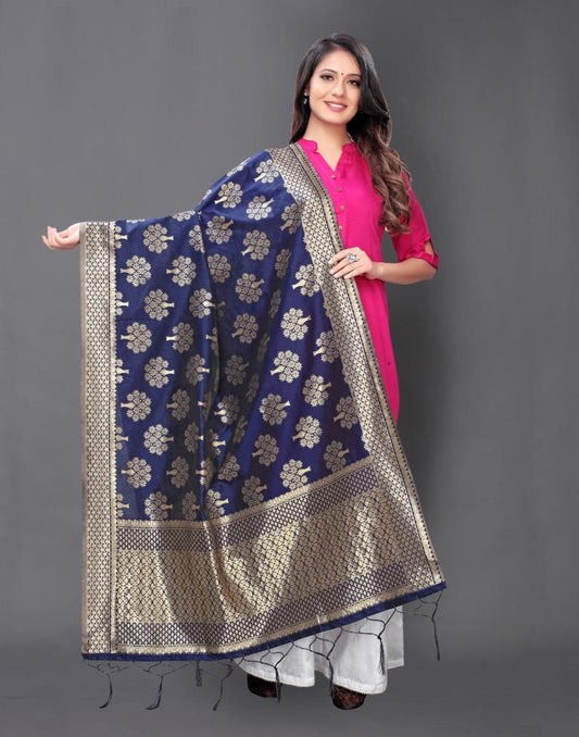 Designer Navy Blue Coloured Poly Silk Jacquard Dupatta | Sudathi