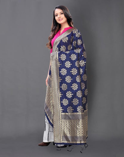 Designer Navy Blue Coloured Poly Silk Jacquard Dupatta | Sudathi