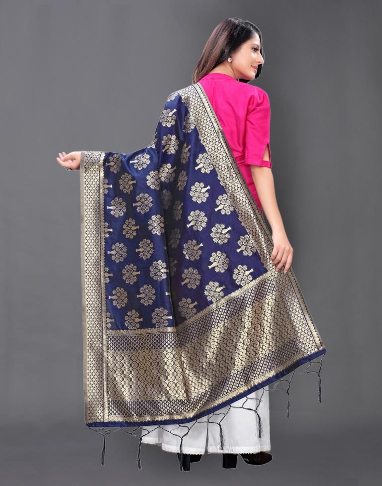 Designer Navy Blue Coloured Poly Silk Jacquard Dupatta | Sudathi