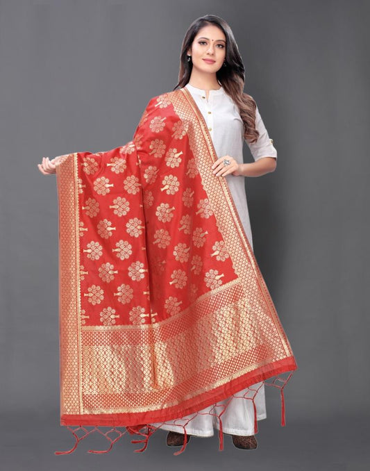 Beguiling Red Coloured Poly Silk Jacquard Dupatta | Sudathi