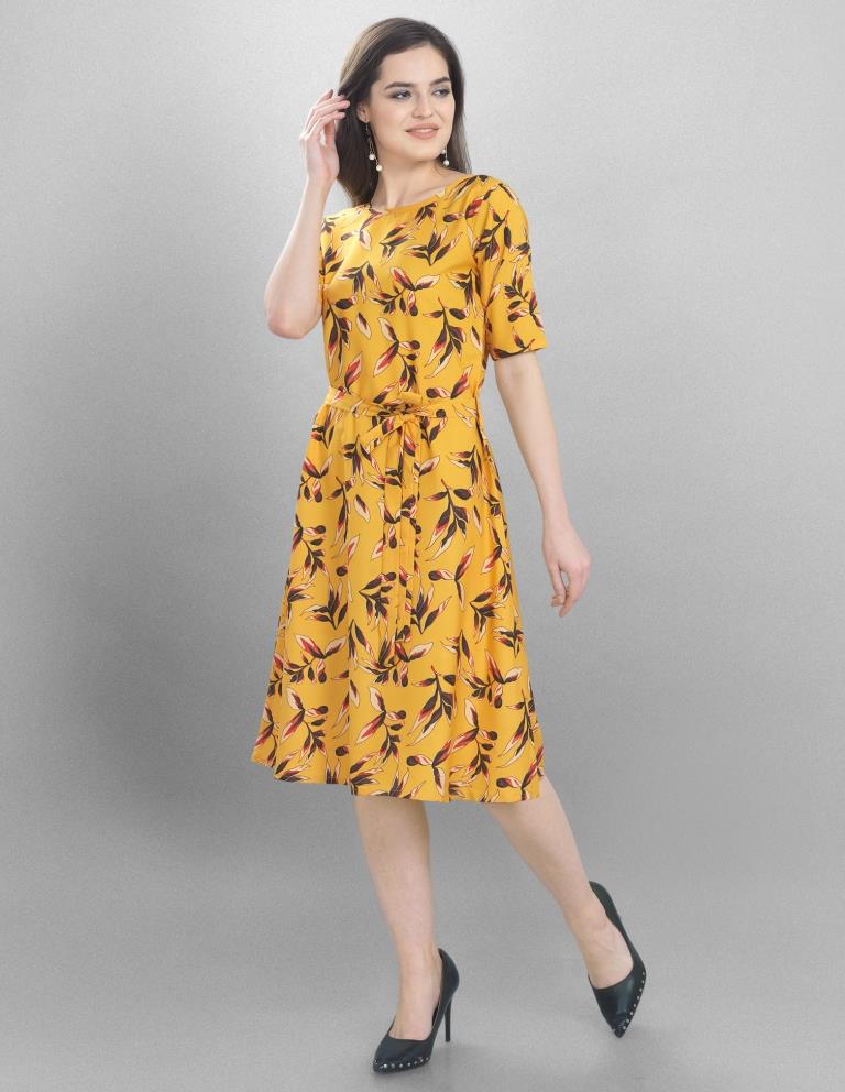 Sleek Yellow Coloured Printed Crepe Dress | Sudathi