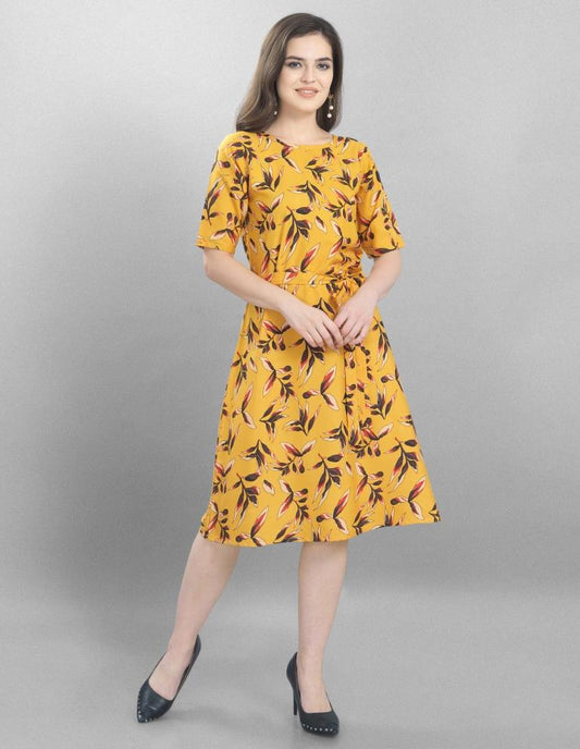 Sleek Yellow Coloured Printed Crepe Dress | Sudathi