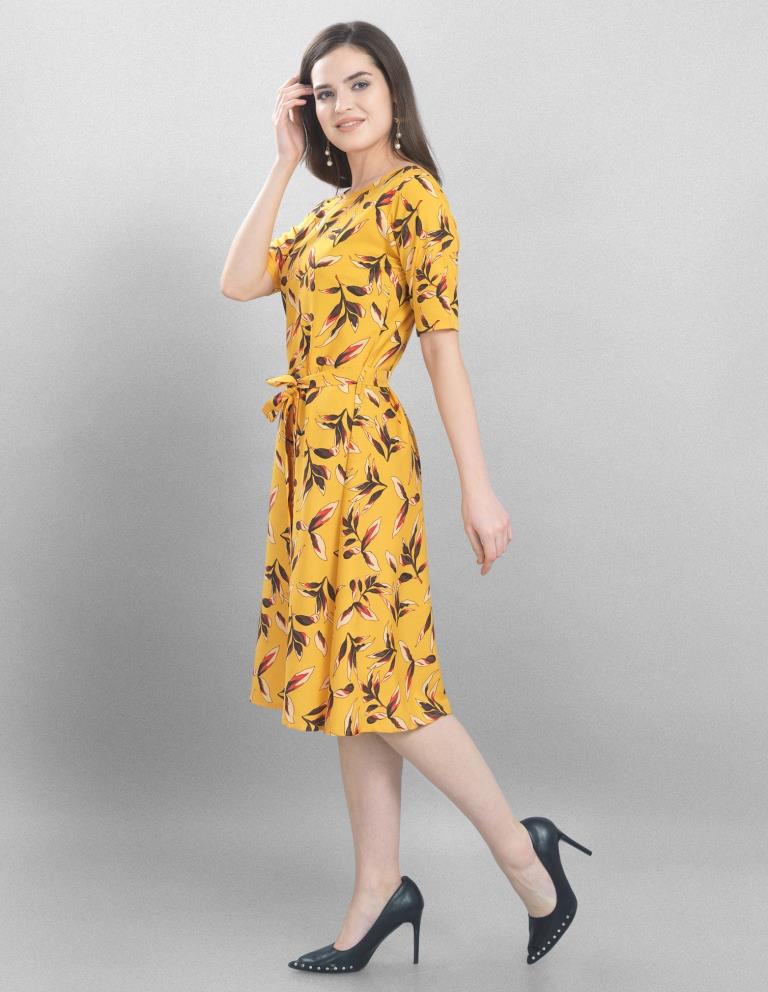 Sleek Yellow Coloured Printed Crepe Dress | Sudathi