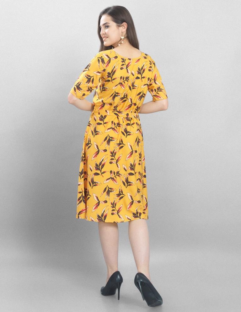 Sleek Yellow Coloured Printed Crepe Dress | Sudathi