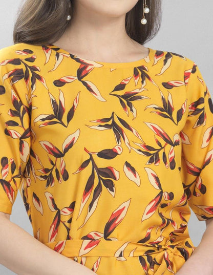 Sleek Yellow Coloured Printed Crepe Dress | Sudathi