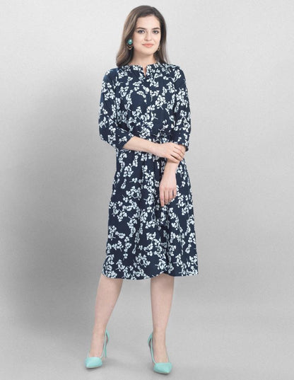 Whimsical Navy Blue Coloured Printed Crepe Dress | Sudathi